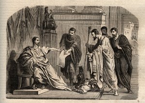 戈尔迪安一世（158-238）拒绝帝国尊严--戈尔迪安一世（Marcus Antonius Gordianus Sempronianus Romanus Africanus）拒绝帝国尊严--《杰出人物词典》中的雕刻--1864年--由Joseph Decembre和Edmond Allonier创作。 作者 未知艺术家