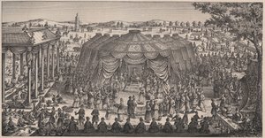 塔梅尔兰（1336-1405）（或称帖木儿郎，"跛脚的帖木儿"）在哈尼古尔平原举行的盛大宴会，以庆祝他的孙子们的婚姻 - 雕刻 19世纪 作者 未知艺术家