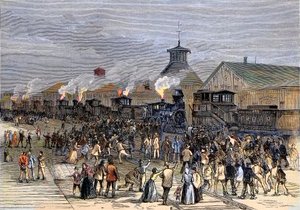1877年的铁路大罢工，在西弗吉尼亚州马丁斯堡封锁了发动机 作者 未知艺术家