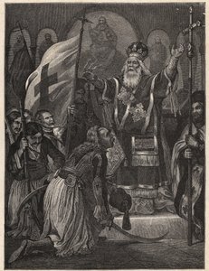 希腊独立战争1821-1829年：老帕特雷的主教Germanos（Germain）三世（Georgios Gotzias）为争取自由的旗帜祝福，Agia Lavra修道院（Sainte Laure du Peloponnese），1821年3月21日--绘画后的刻版 作者 未知艺术家