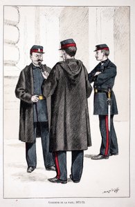 和平守护者 (1871-1873)。 蚀刻颜色，作为插图“”Histoire du corps des gardiens de la paix ”””由塞纳河警察局长 Louis Lepine (1846-1933) 主持出版的书，作者是 Alfred Rey (1864-?) 和 Louis Feron 作者 未知艺术家