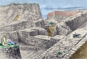海因里希-施里曼在挖掘过程中为特洛伊城墙（Hissarlik）绘图 作者 未知艺术家