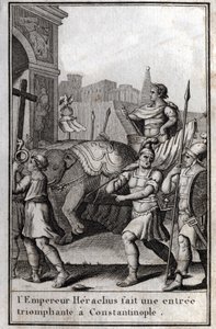 赫拉克利乌斯一世（Flavius Heraclius，Herakleios，约575-610/641），拜占庭皇帝，凯旋进入君士坦丁堡。他爬上一辆由四头大象组成的战车，将从君士坦丁堡运来的真十字架（圣十字架）带到他面前。 作者 未知艺术家