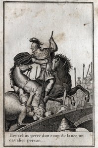 赫拉克利乌斯一世（Flavius Heraclius，Herakleios，约575-610/641），拜占庭皇帝，用长矛刺向一名波斯骑士（对波斯人的战争），7世纪。雕刻在 "Beaute de l