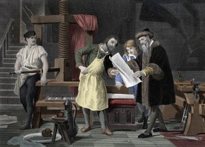 印刷历史：由约翰内斯·根斯弗莱施·古腾堡（Johannes Gensfleisch Gutenberg）（1400-1468）印刷的圣经的第一次测试，以约翰·福斯特（Johann Fust）（1400-1466）为代表 - 1453 古腾堡印刷机的第一张校样 作者 未知艺术家