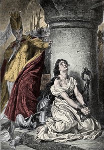 百年战争：圣女贞德（1412-1431）在鲁昂监狱。 1431年，圣女贞德被指控为异端邪说，被囚禁在鲁昂菲利普·奥古斯特城堡的地牢中。 19 世纪彩色雕刻 作者 未知艺术家