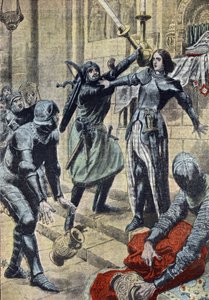 百年战争："法国女英雄圣女贞德（1412-1431 年）阻止查理二世-阿尔布雷特的士兵抢劫勃艮第 Nievre 的 Saint-Pierre-le-Moutier 教堂的画像，1429 年 11 月 4 日"（法国女英雄圣女贞德对抗查理二世-阿尔布雷特的士兵，1429 年 11 月 4 日）。 作者 未知艺术家