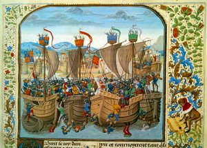 百年战争：“” 1340 年 6 月 20 日，荷兰 Sluis 海战，法国瓦卢瓦的菲利普六世对抗爱德华三世的英国人“”Jean Froissart 取自“编年史”的缩影 (1337-1400) 15 世纪。 巴黎。 BN 作者 未知艺术家
