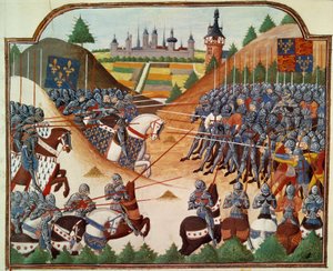 百年战争：1450年4月15日托马斯-凯里尔和让-德-克莱蒙特的英军在福米尼（卡尔瓦多斯）的战斗。根据让-夏尔蒂埃编年史中的 "查理七世国王的警戒 "手稿绘制的微缩图，由马尔编辑。 作者 未知艺术家