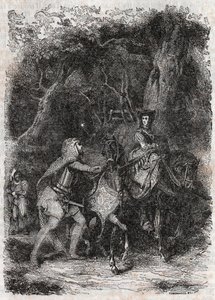 Hypalca Arreted by Rodomont--1851年雕刻自卢多维科-阿里奥斯托的《愤怒的罗兰》（Orlando furioso）（16世纪），被称为阿里奥斯托--由特雷桑伯爵从意大利语翻译的版本，由古斯塔夫-哈佛1851年出版。 作者 未知艺术家