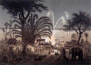 老挝暹罗巴萨克节期间的河流照明。 在 F. Garnier 指导下出版的“1866-1868 年间在印度支那进行的探险航行地图集”中，1873 年出版。 作者 未知艺术家