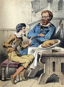 弗朗茨-霍夫曼的故事《故事与寓言--Le Joyeux petit tailleur》的插图。19世纪的彩色石版画。 作者 未知艺术家