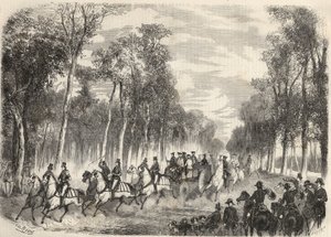 拿破仑三世（1808-1873）和欧也妮皇后（1826-1920）在贡比涅举行的帝国狩猎活动。1857年 "杰出世界 "中的版画。私人收藏。 作者 未知艺术家