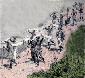 象牙贸易：刚果运货商队携带大象防御。19世纪的雕版画 作者 未知艺术家