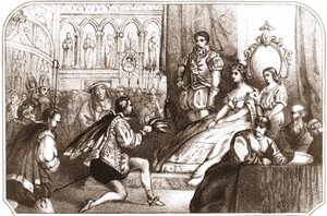 让-尼科向凯瑟琳-德-美第奇（Caterina de Medici）和洛林家族的大长老介绍烟草植物。16世纪 1868年左右的石版画。 作者 未知艺术家