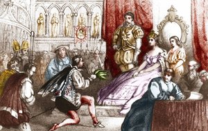 让-尼科向凯瑟琳-德-美第奇（Caterina de medici）和洛林家族的大长老介绍烟草植物。16世纪。19世纪的雕版画 作者 未知艺术家