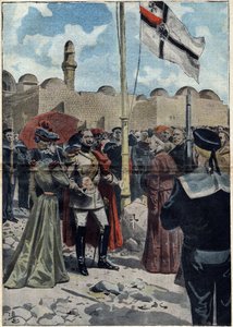 耶路撒冷--1898年的所有圣徒。德国皇帝兼普鲁士国王威廉二世（1859-1941）在耶路撒冷牧首路易吉-皮亚维阁下面前，为他的天主教臣民占有了圣殿附近的 "冬眠 "之地。插图在 作者 未知艺术家