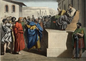 耶稣基督在本丢-彼拉多（Pontius Pilatius）面前。19世纪中期的匿名雕刻。 作者 未知艺术家