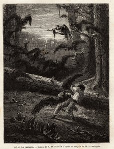 Job (travel companion of the redactor), attacked by vultures. Engraving to illustrate the story Quatre mois en Florida, by M. Pousselgue, in 1851-1852, published in “” le tour du monde””, under the direction of D
