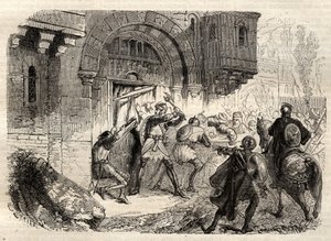 约翰二世-康奈努斯，拜占庭皇帝--皇帝约翰二世-康奈努斯（1087-1143）在希腊人的带领下驾驶着他在君士坦丁堡的宫殿的大门--雕刻在 "Illustrous Popular Dictionary"--1864年--由Joseph Decembre和Edmond Allonier--雕刻。 作者 未知艺术家