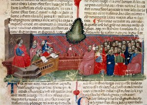 Jules Cesar（公元前 101-44 年）在宝座上 手稿页面细节“罗马人的事实”（Ms 1538），大约 1340 年佛罗伦萨，里卡迪亚纳图书馆 作者 未知艺术家