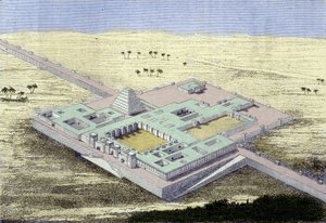 库尔萨巴德（伊拉克）。 公元前 722 年至公元前 705 年亚述国王萨尔贡二世宫殿的重建 19 世纪版画。 作者 未知艺术家