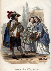 英格兰国王查尔斯一世（Charles I Stuart）（1600-1649）勾引年轻女子。1842年莫里斯-拉夏尔在《教皇的历史》中的版画。私人收藏。 作者 未知艺术家