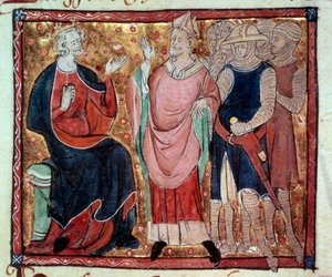 英格兰国王亨利二世（1133-1189 年）收到了一份来自 15 世纪手稿的 eveque 和士兵的缩影。 巴黎，B.N. 作者 未知艺术家