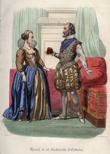 法国国王亨利四世（Henry IV）（1553-1610）和他的情妇加布里埃尔-德-埃斯特雷（1573-1599）。雕刻于1842年的《教皇的历史》，作者是莫里斯-拉夏尔。私人收藏。 作者 未知艺术家