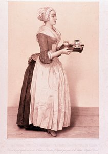 La Chocolatire de Vienne：年轻的女仆拿着一个托盘，里面放着一杯热巧克力。 19 世纪私人收藏的石版画 作者 未知艺术家