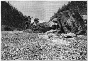 圣热尔韦的灾难或上萨瓦省泰特鲁斯冰川的灾难（1892年7月12-13日）--灾难后的圣热尔韦山脉，以及被洪水冲走的巨大石块，《自然》杂志的雕刻。 作者 未知艺术家