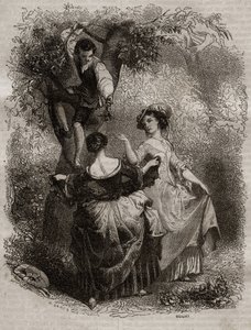 让-雅克（Jean Jacques）-卢梭（1712-1778）的 "La cueillette des cherries--忏悔录插图"--1849年的雕刻作品 作者 未知艺术家