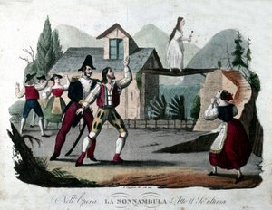 Last scene of Act II of “La somnambule (La sonnanbula”) by Vincenzo Bellini. Engraving from 1835. 作者 未知艺术家