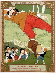 Le Petite Poucet 在 19 世纪末的 asoupi ogre - Bon Marché 广告品牌中脱下他的七联赛靴 作者 未知艺术家