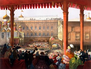 "1855 年 2 月 18 日亚历山大二世皇帝（1818-1881 年）加冕典礼 "人群景观 - 匿名石版画 作者 未知艺术家