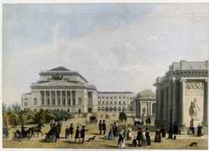 Le theatre Alexandrinski (ou Alexandra) a Saint Petersbourg（圣彼得堡亚历山大剧院）。1830 年创作，彩色石版画。19 世纪古典主义。国家戏剧和音乐艺术博物馆，圣彼得堡。 作者 未知艺术家