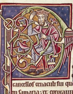 Lettrine P Decoree 代表摩押土地的国王 圣经中的缩影（Ms 3088） 12 世纪科英布拉，大学图书馆 作者 未知艺术家