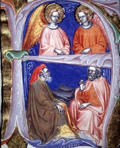 Lettrine 代表讨论的天使和哲学家 - 在 De civitate dei de St Augustine。 14 世纪手稿。 市政圣经。 里米尼。 作者 未知艺术家