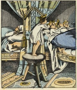 小Poucet把食人魔七个女儿的皇冠戴在他兄弟的头上。查尔斯-佩罗的故事《小普塞》插图 作者 未知艺术家