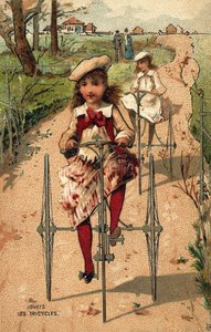 做三轮车的小女孩。1890年左右的彩色平版印刷。 作者 未知艺术家