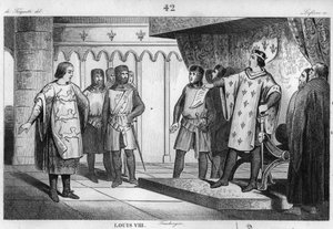 狮子路易八世（1187-1226）接待了他的敌人英格兰亨利三世（1207-72）的特使--卡佩特王朝的路易八世，即 "狮子"（1187-1226），对英格兰国王亨利三世的特使做出了自豪和友好的回应--1的雕刻版画 作者 未知艺术家