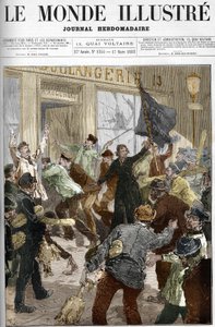 1883年3月9日在巴黎举行的工人示威中，法国革命者路易丝-米歇尔（1833-1905）在抢劫一家面包店时挥舞着写有 "要么面包，要么死亡 "的黑旗。 作者 未知艺术家