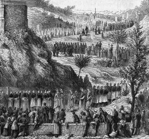 1864年的卢尔德：前往山洞参加圣母玛利亚雕像落成典礼的队伍。 作者 未知艺术家