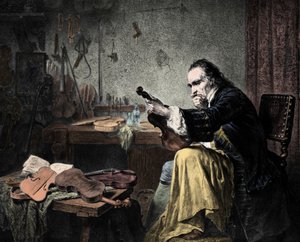 Luthier Stradivarius (Antonio Stradivari) (1644-1737) 在他的工作室。 雕刻由 Hammann.Violin 设计师 Antonio Stradivari (Stradivarius) 在工作。 作者 未知艺术家