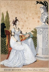 波拿巴夫人在她丈夫拿破仑·波拿巴（1769-1821 年）的半身像前绘制了第一任领事约瑟芬·德·博哈奈（1763-1814 年）的肖像。 匿名打印。 1799-1804 年。 Sun 0,24x0,17 m Malmaison, musee du chateau 作者 未知艺术家
