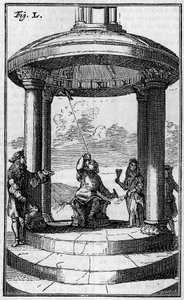 磁钟，根据Dalence (1687)设计。雕刻在1895年9月7日的《自然：科学与艺术和工业应用杂志》上。 作者 未知艺术家