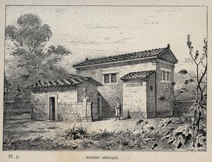 希腊房子--1889年的雕刻，载于《1889年世界博览会人类居住史》，作者是Charles GARNIER先生--巴黎中央美术学院1889年的图书馆。 作者 未知艺术家
