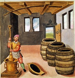 黑火药的制造--在16世纪的 "Manuale di pirotechnia, armeria e fortificazioni "中。 作者 未知艺术家