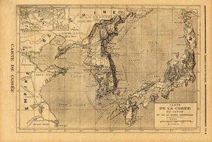 Map of Korea, Japan and East China. Engraving in “” Le petit journal”” 3/09/1894. Selva
