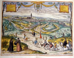 1590 年的塞维利亚市地图。在图片的右下角，村里的人取笑骑驴的戴绿帽子。 作者 未知艺术家